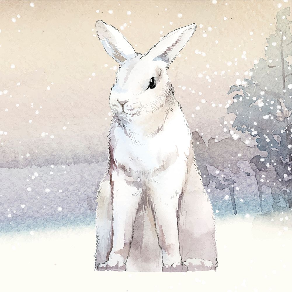 Wild white rabbit in a winter wonderland painted by watercolor vector