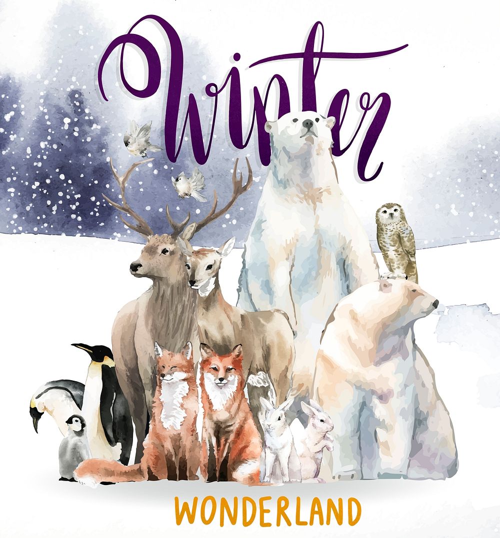 Hand-drawn wild animals in winter wonderland