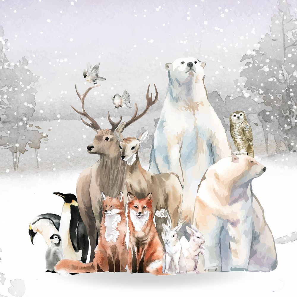 Group of wild animals in the snow drawn in watercolor