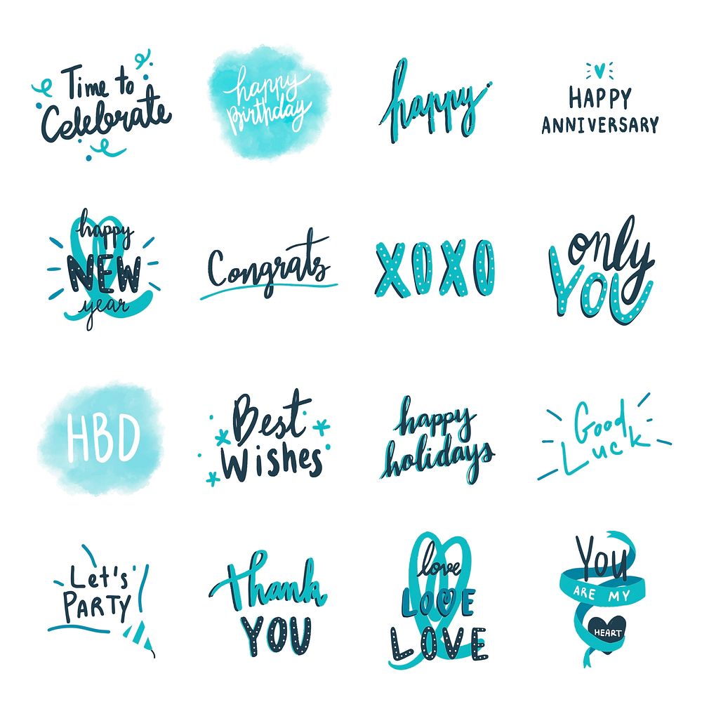 Collection of blue celebratory love typographies