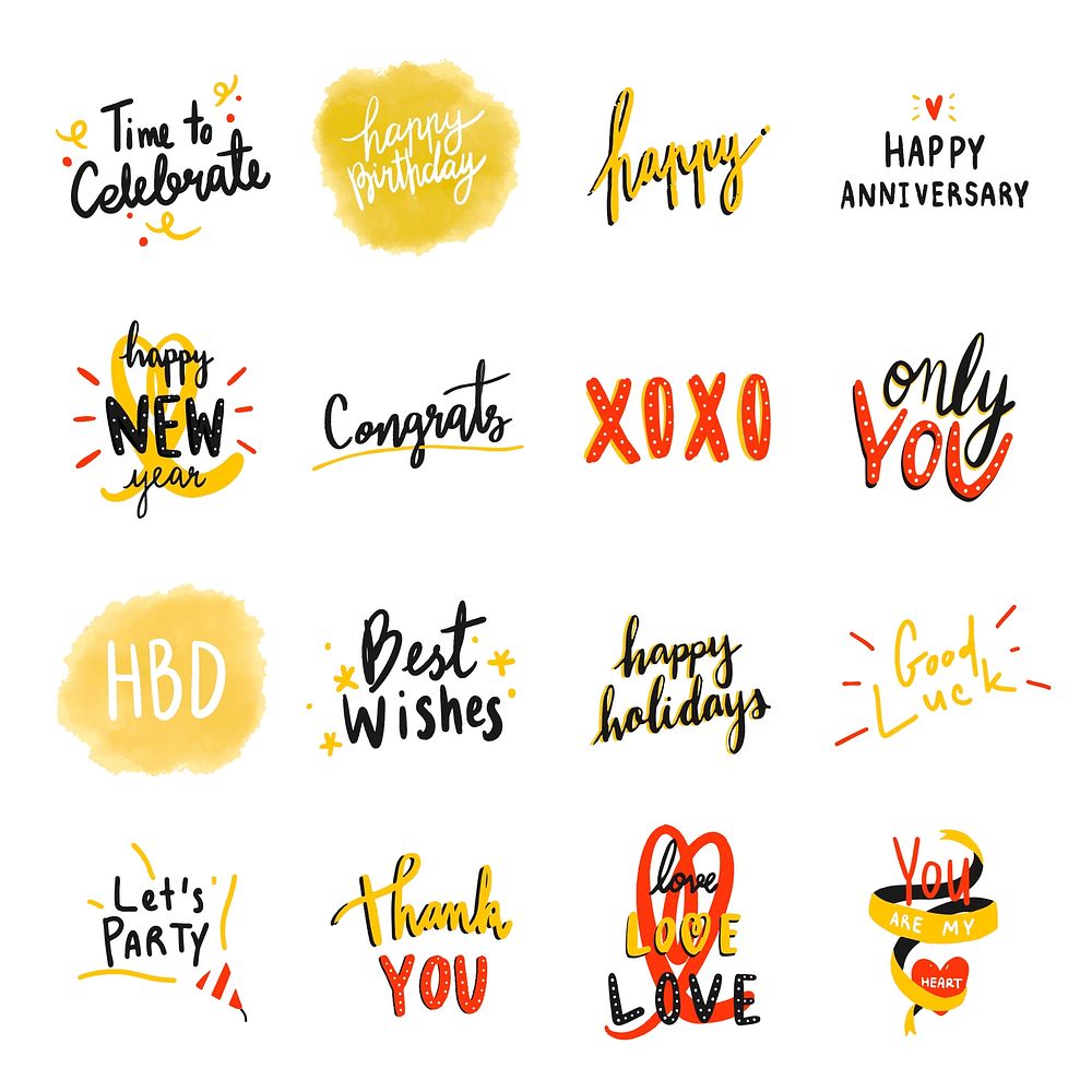 Collection of colorful celebratory typographies