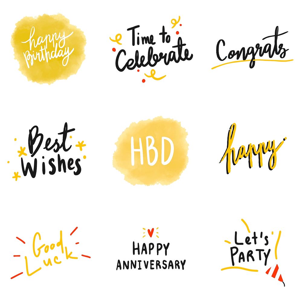 Set of yellow celebratory typography vectors