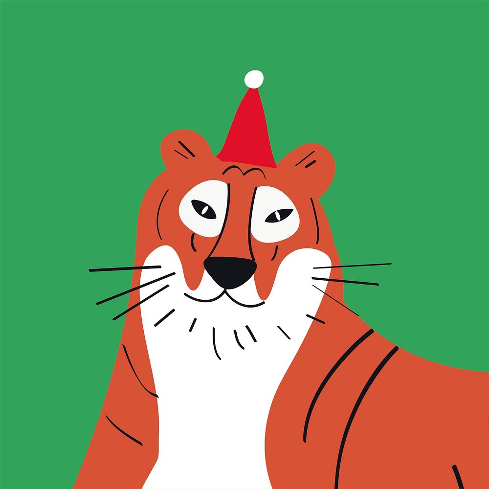 Cute cartoon tiger with a Christmas hat vector graphics