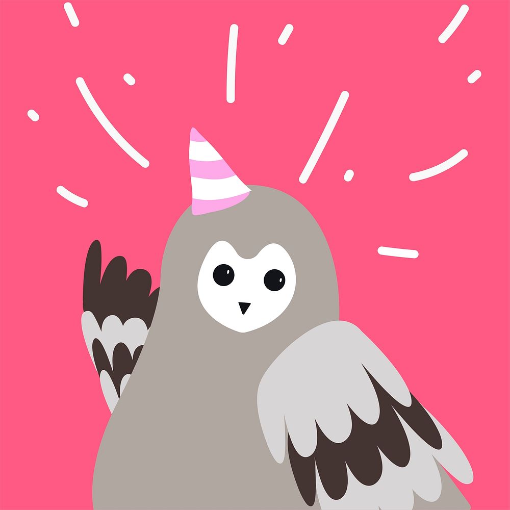 Cute gray owl wearing a party hat cartoon vector