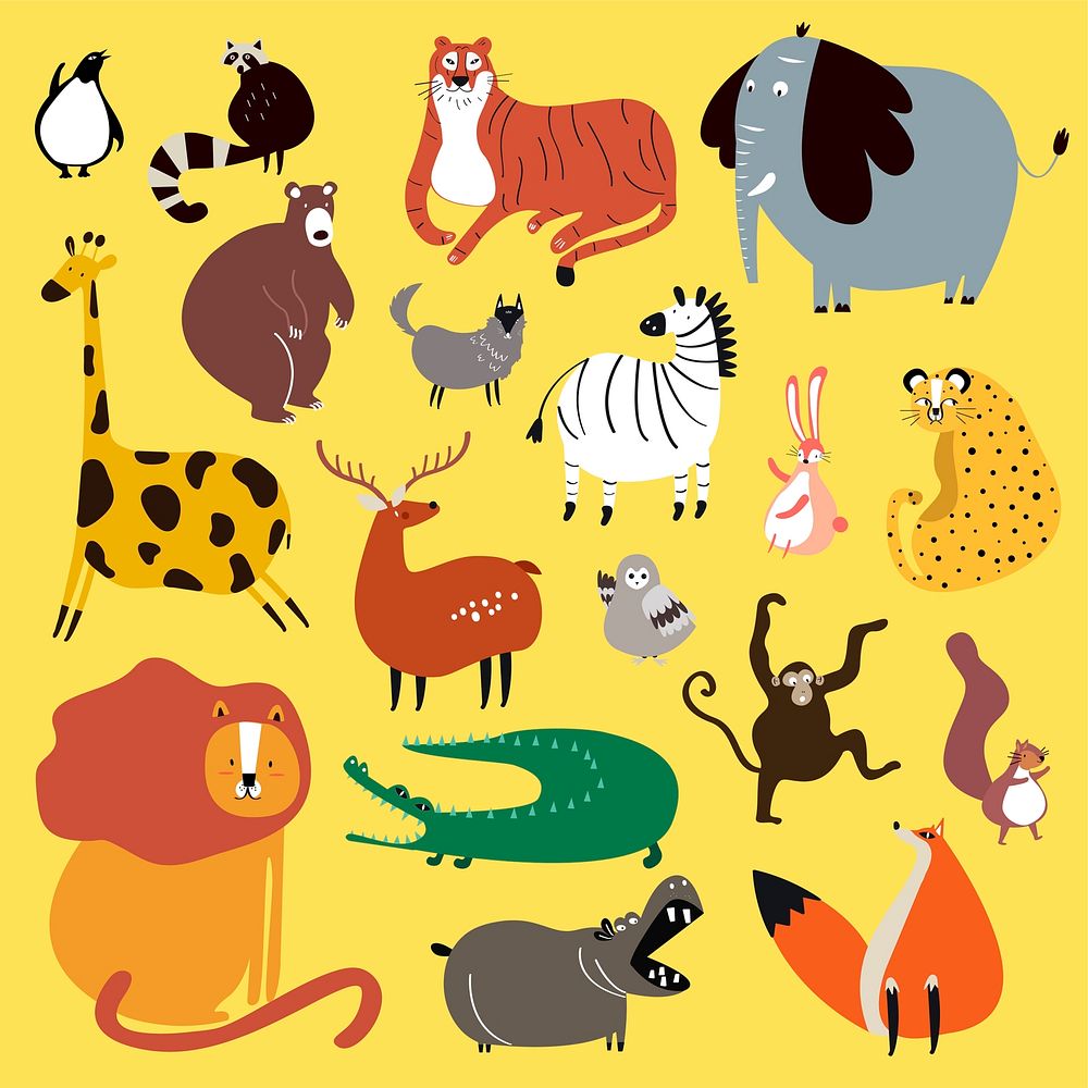 Collection of cute wild animals in cartoon style vector
