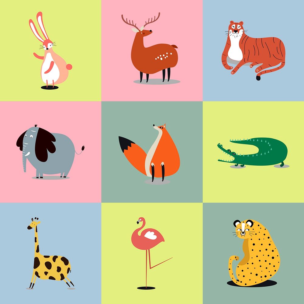 Cute animal stickers psd colorful wildlife doodle for kids collection