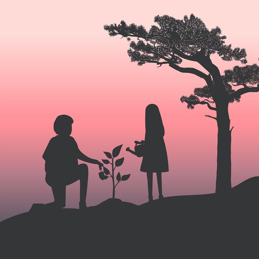 Silhouette of father and daughter gardening vector