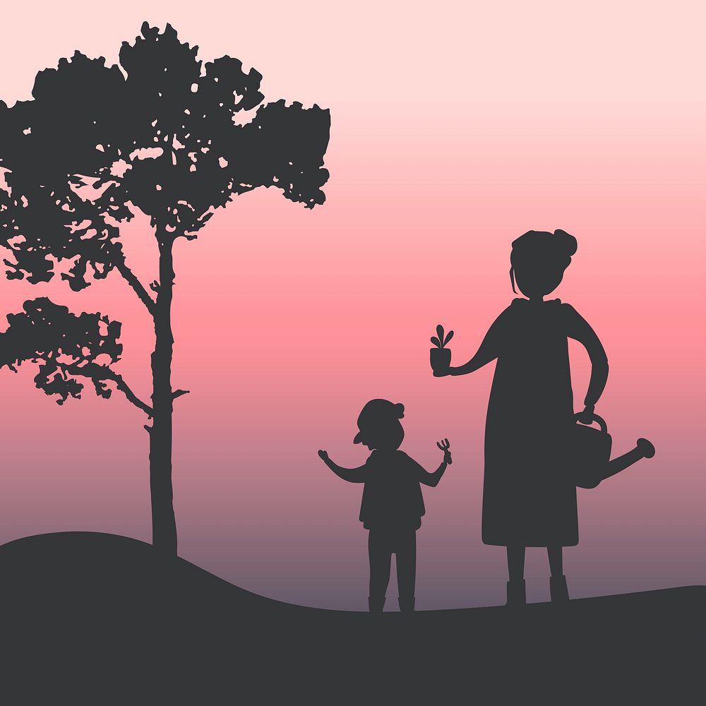 Silhouette of mother and son gardening vector