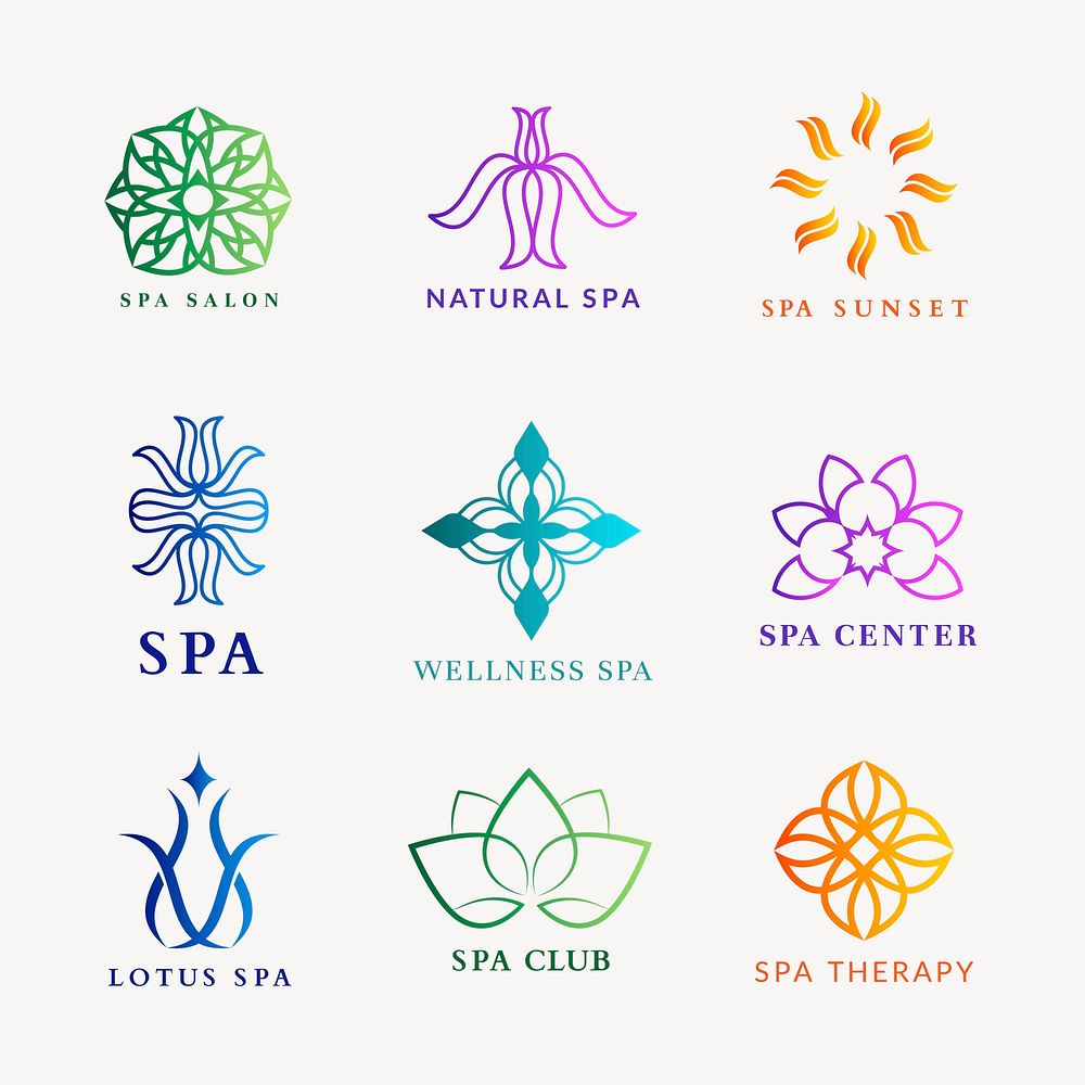 Colorful wellness spa logo, gradient modern design vector set