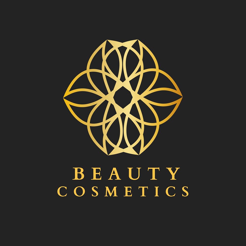 Beauty cosmetics logo template, gold floral design psd