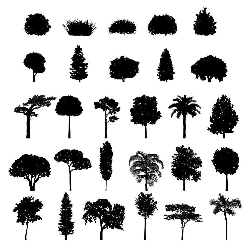 Collection of tree and shrub silhouettes vector
