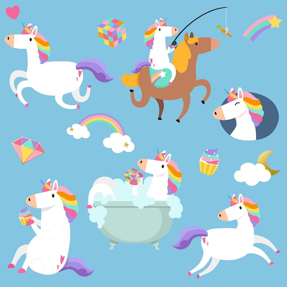 Cute unicorns with magical elements vector