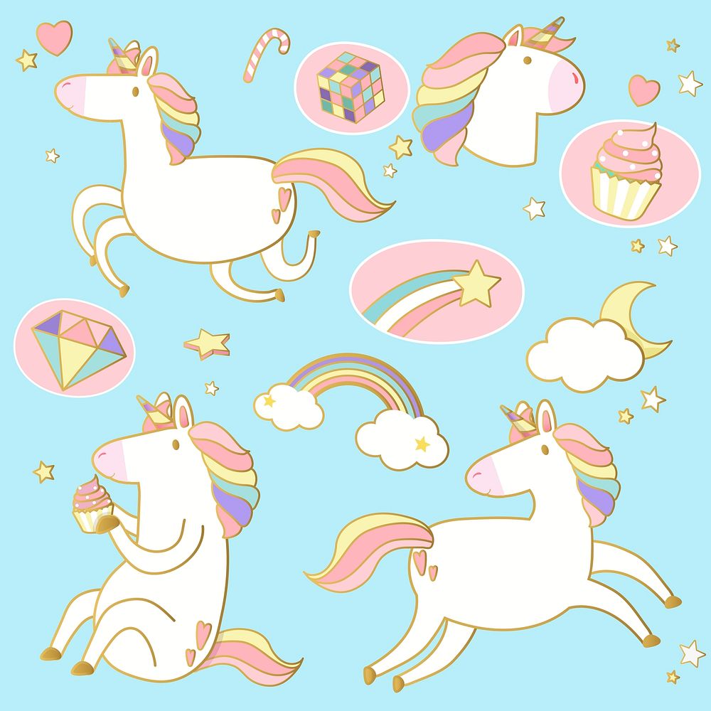 Cute unicorns with magic element stickers vector