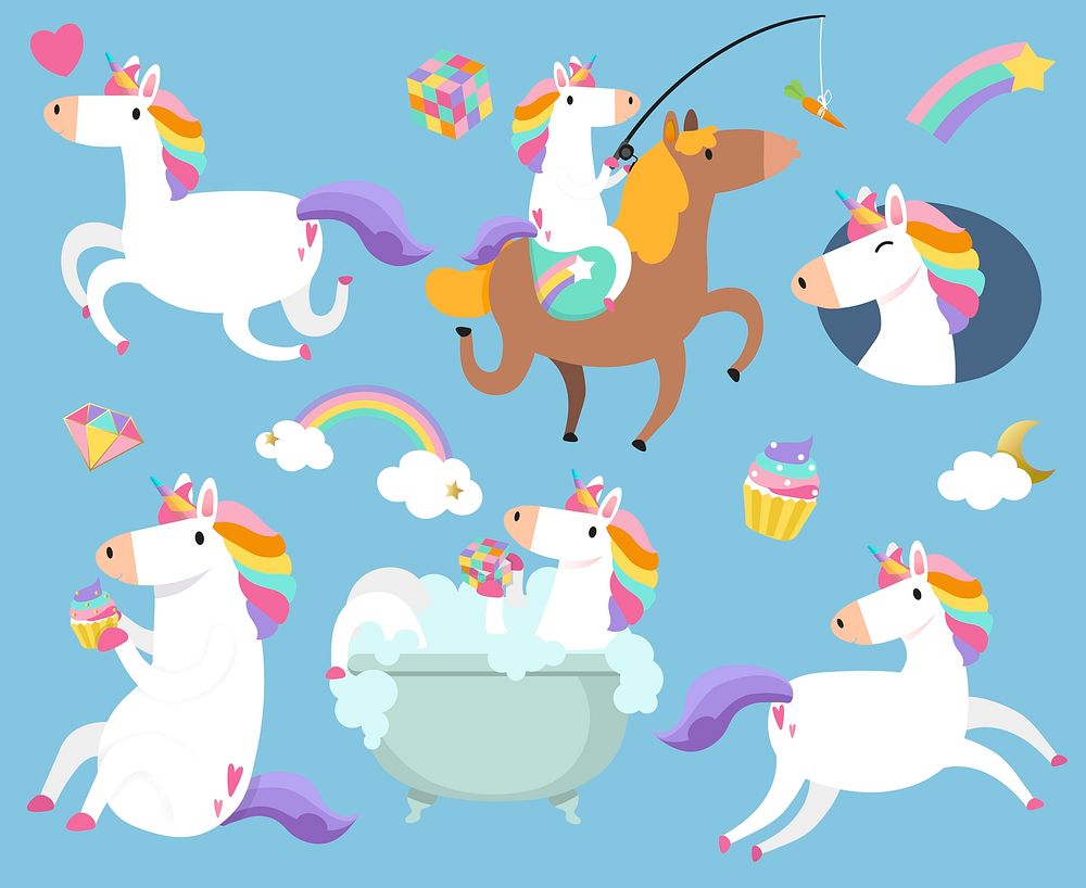 Cute unicorns with magic element stickers vector