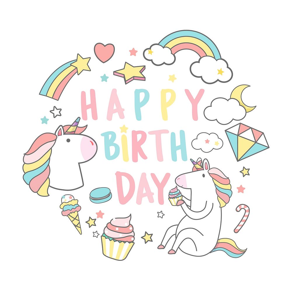 Happy Birthday unicorn with magic elements card vector