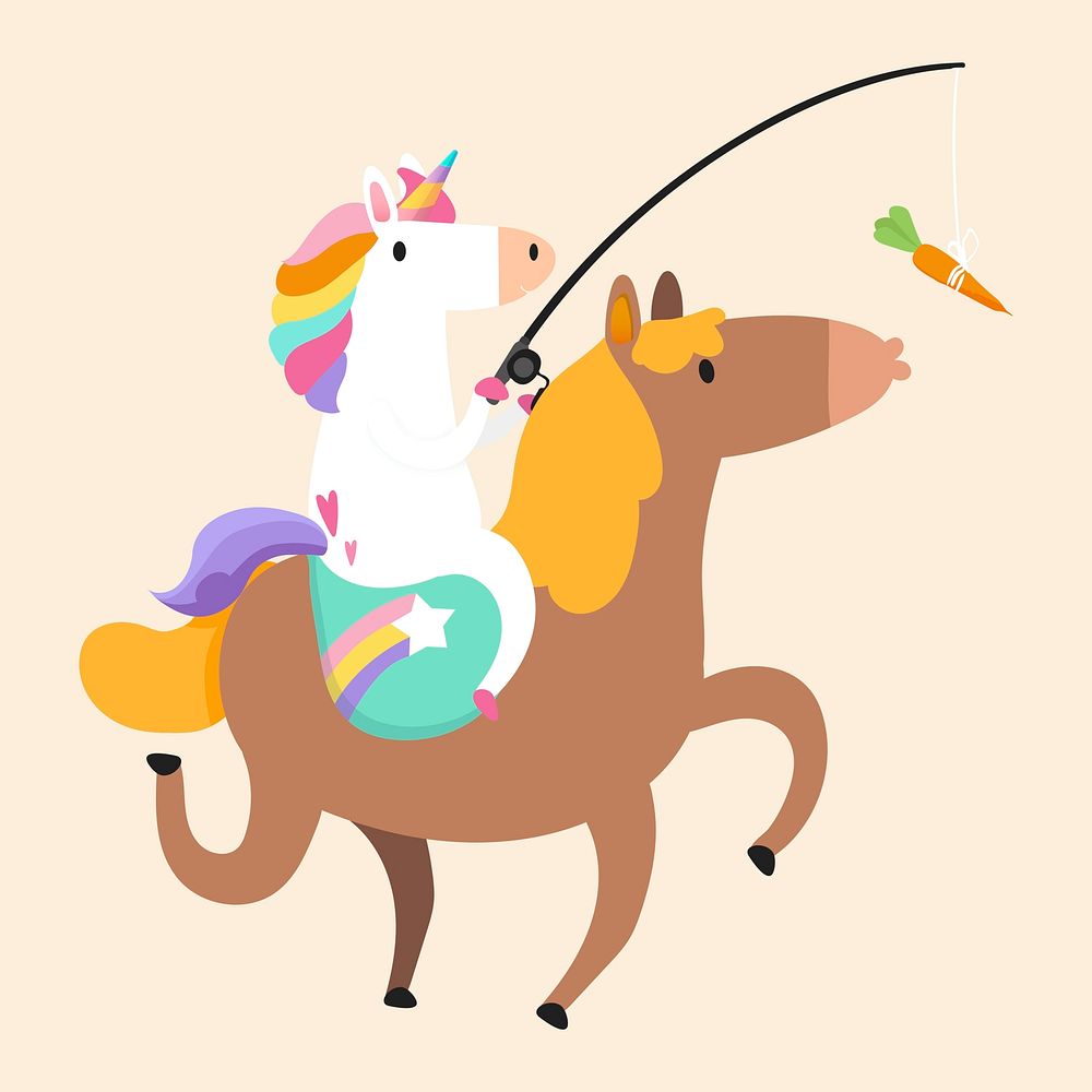 Unicorn riding a pony and holding a carrot on a stick vector