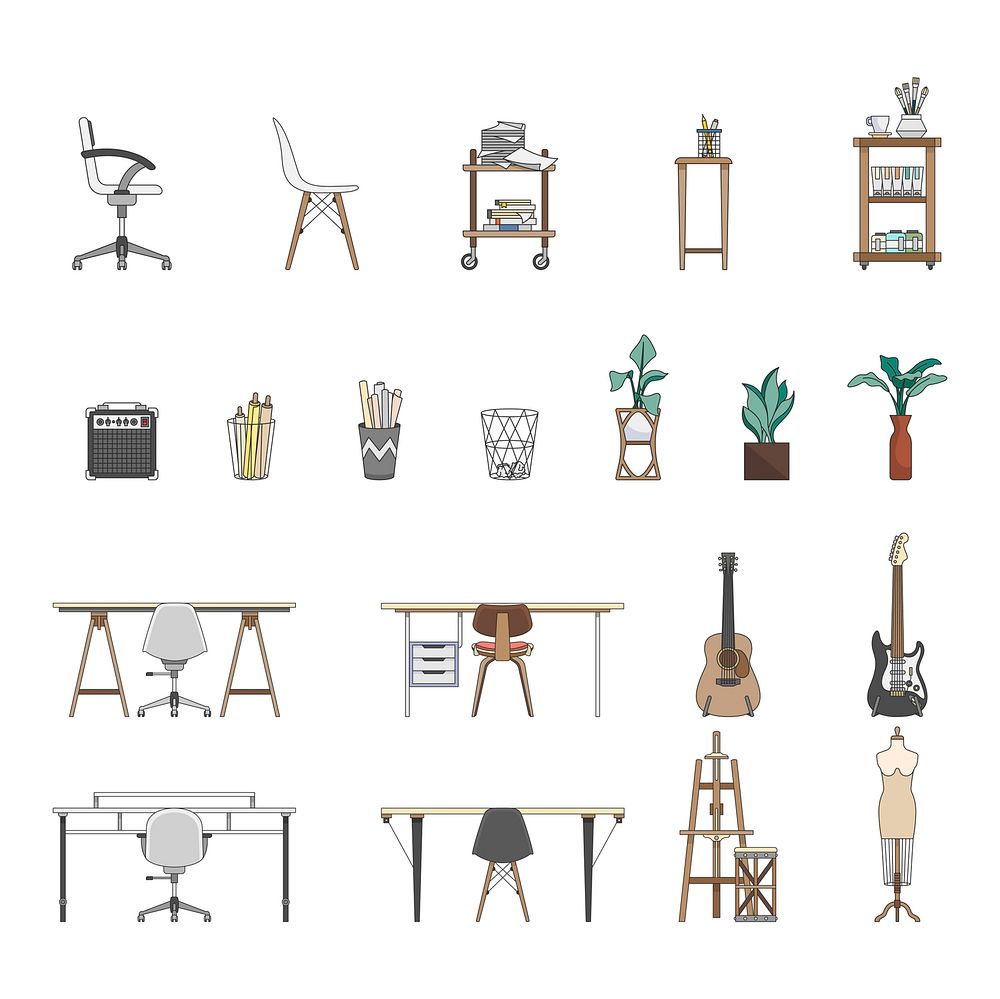 Collection of illustrated items