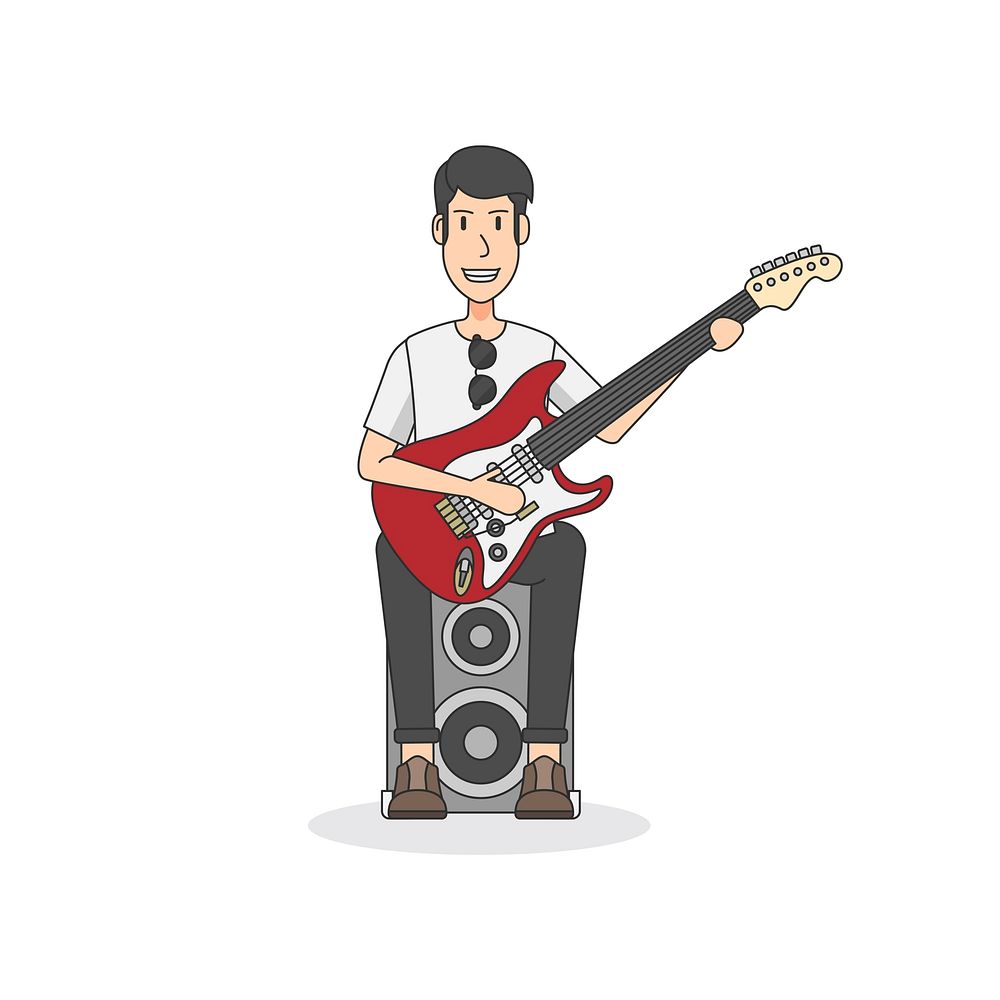 Rock and roll guitarist sitting on a speaker