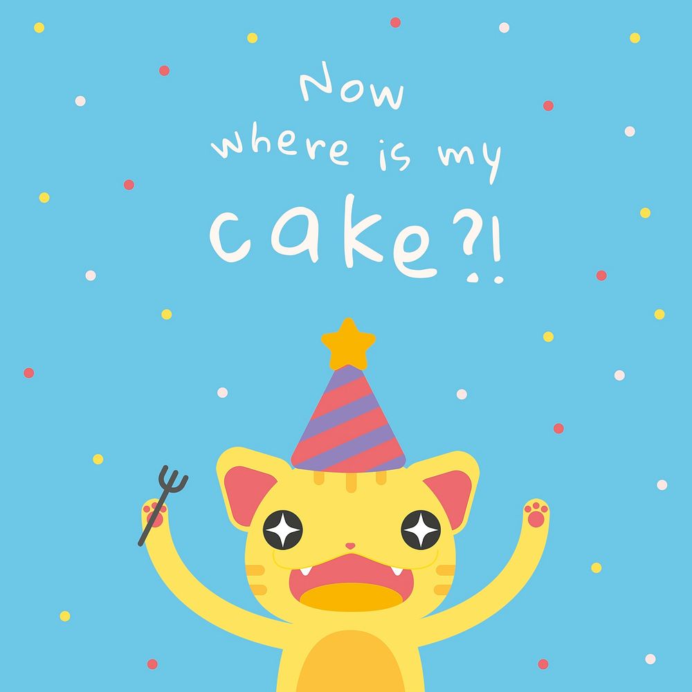 Kid's birthday greeting template psd with cute hungry cat cartoon