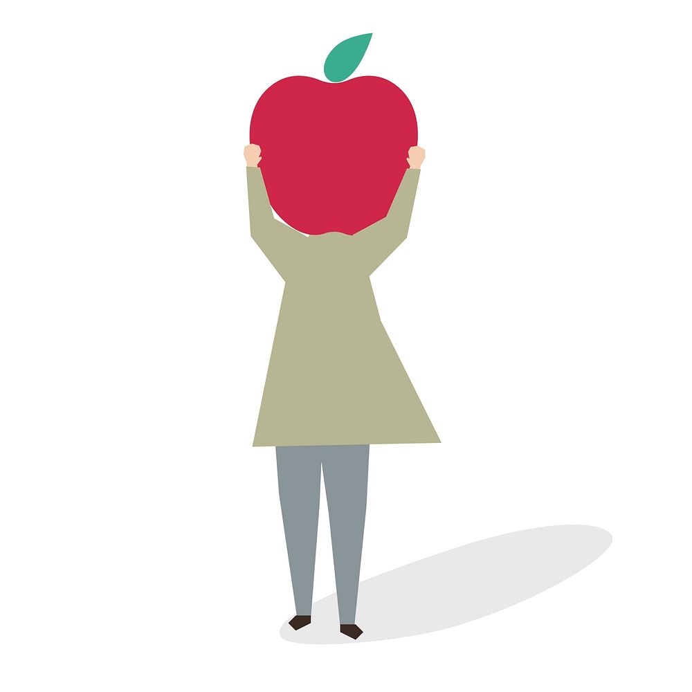 Illustration of a woman with a big red apple