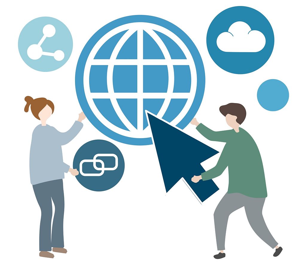 Illustration of character with global communication icon
