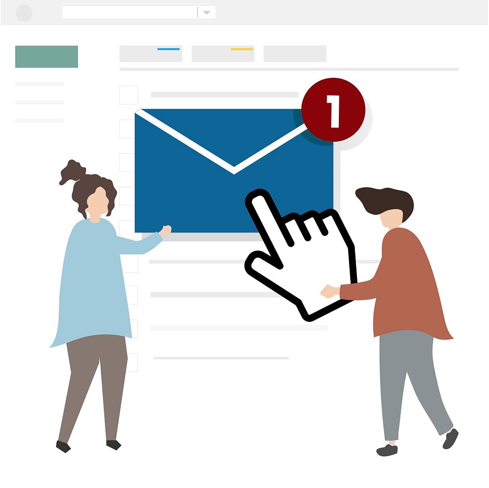 Illustration of characters sending an email