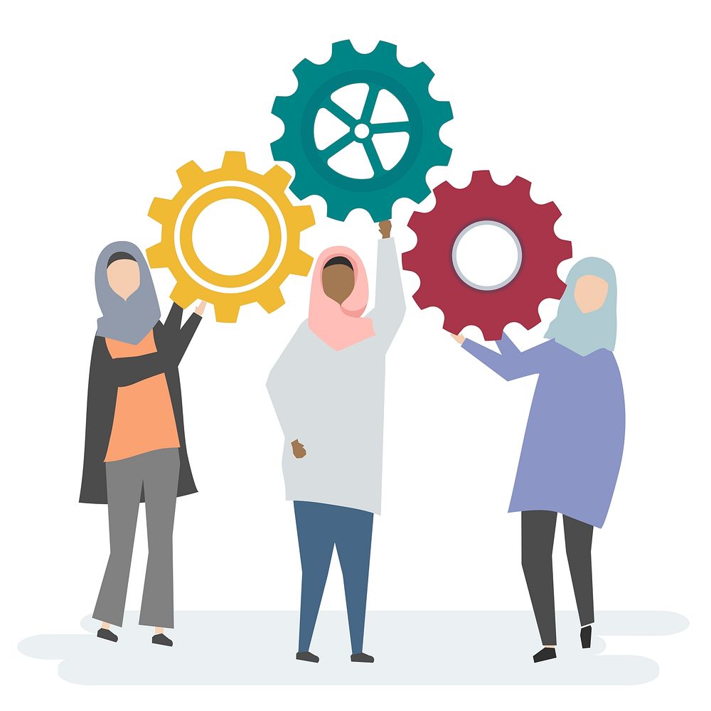 Illustration of Muslim women characters with cogwheels