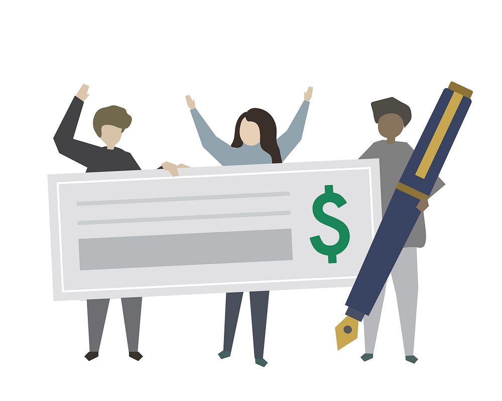 People holding a cheque and pen illustration