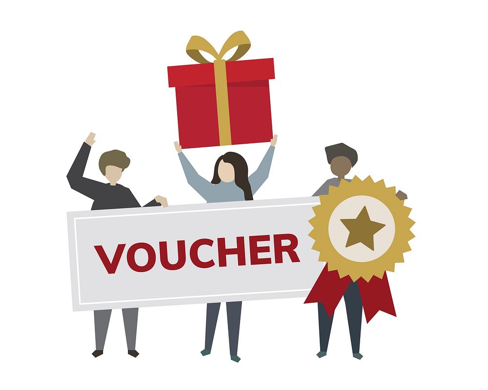 Happy customers with voucher illustration