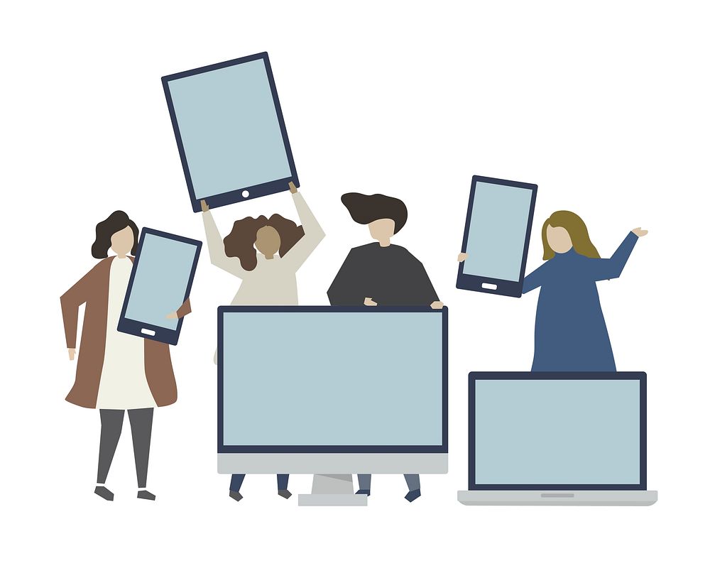 Group of friends with digital device illustration