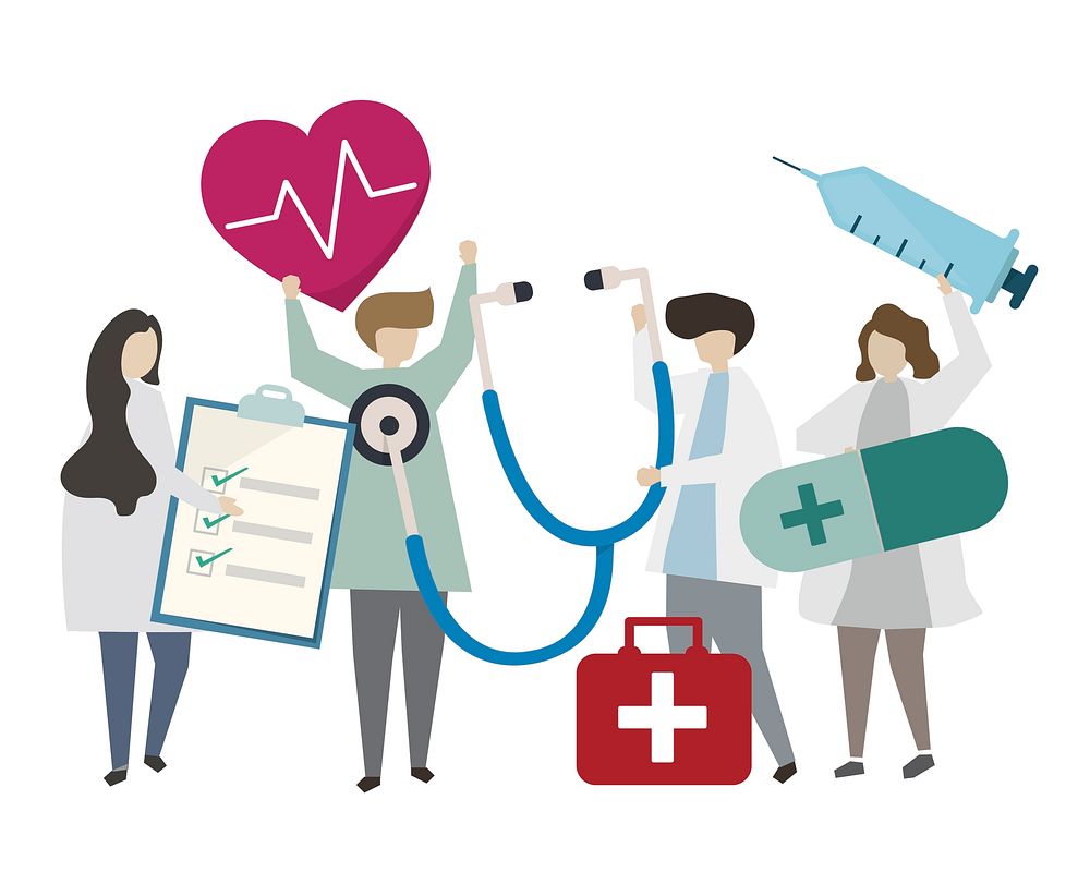 People holding medicine concept icons illustration