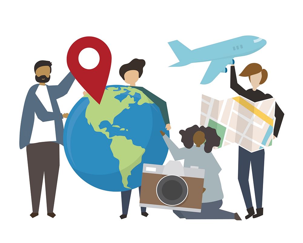 People holding international travel concept icons illustration