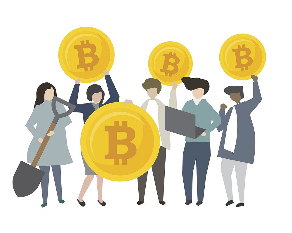 People holding cryptocurrency token coin mining icons
