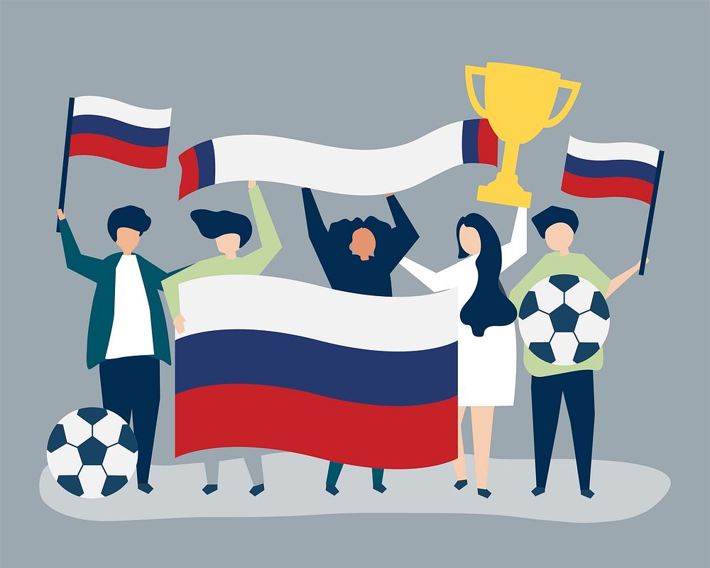 People holding football championship and Russian flag illustration