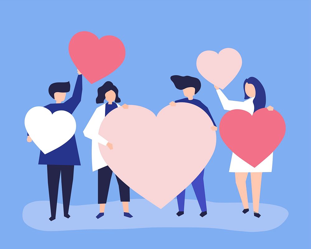 Characters of people holding heart shapes illustration