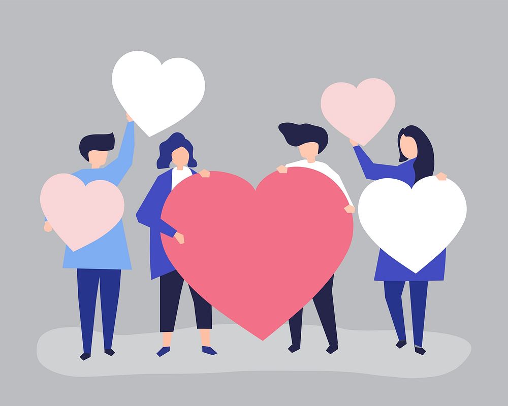 Characters of people holding heart shapes illustration