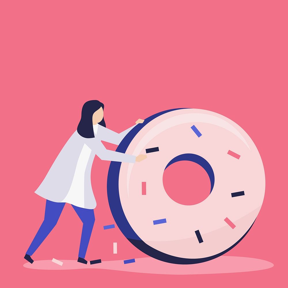 Character of a woman rolling a giant donut illustration