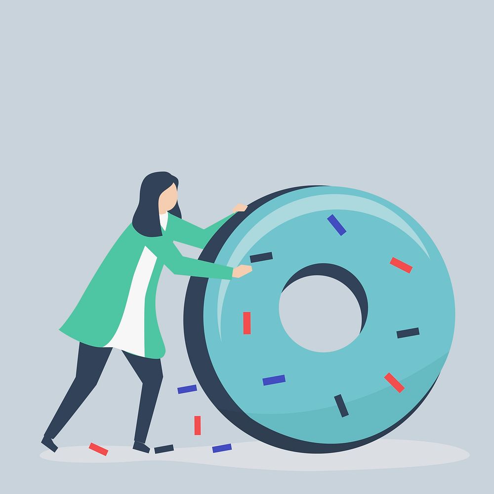 Character of a woman rolling a giant donut illustration