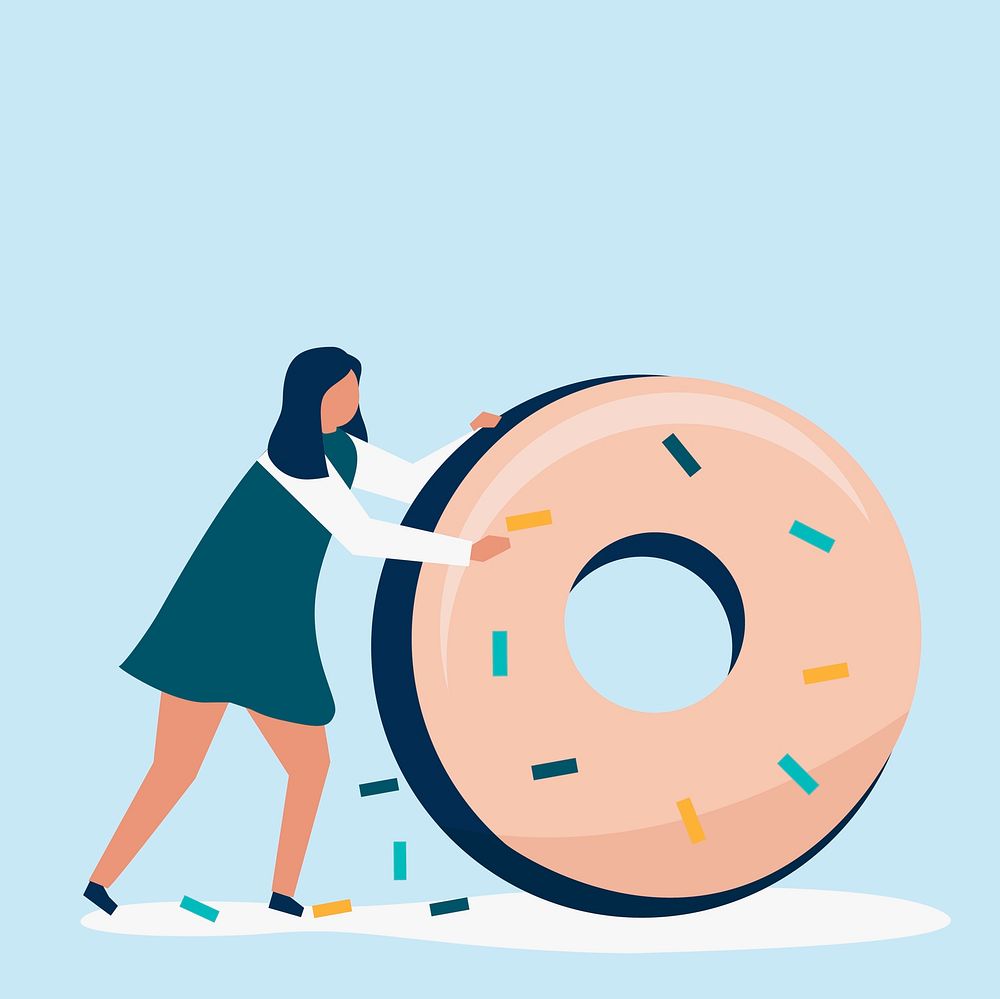 Character of a woman rolling a giant donut illustration