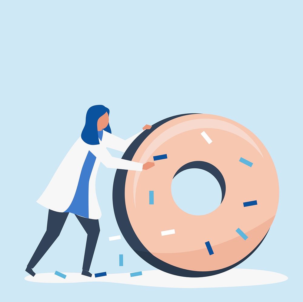 Character of a woman rolling a giant donut illustration