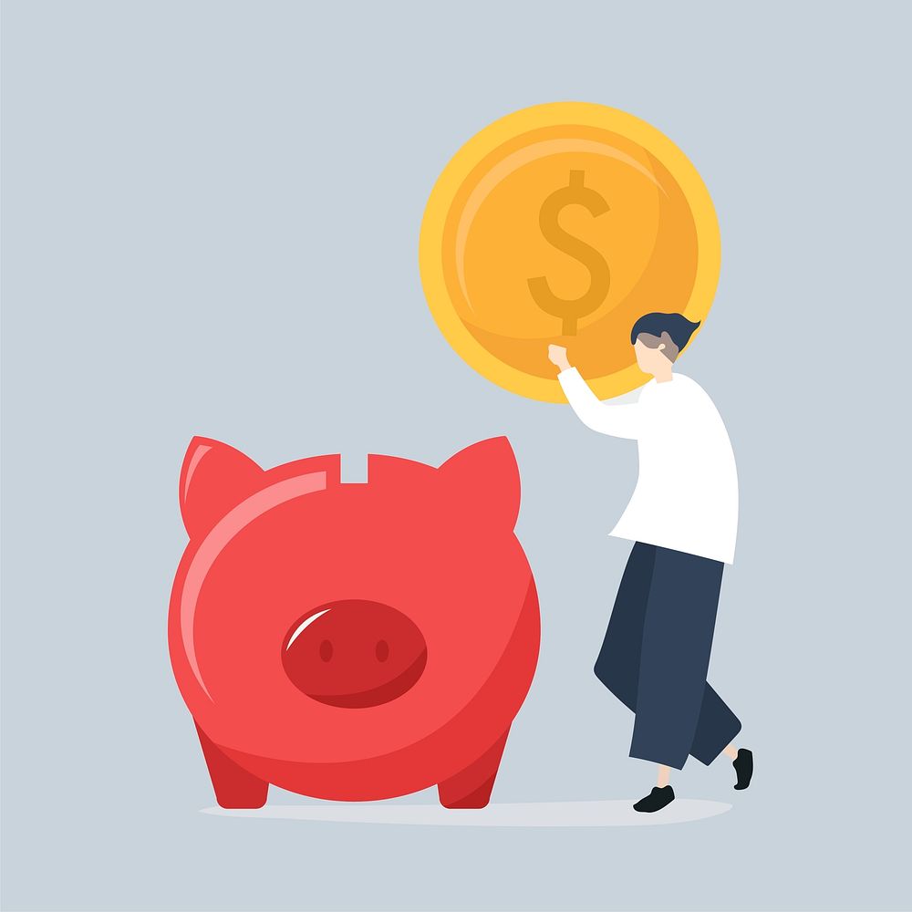 Character of a man saving money in a piggy bank illustration