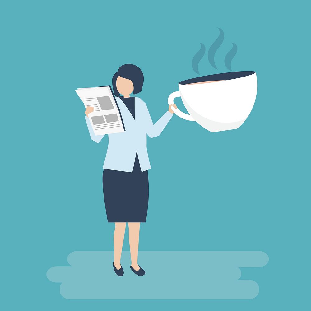Businesswoman drinking coffee and reading a newspaper illustration