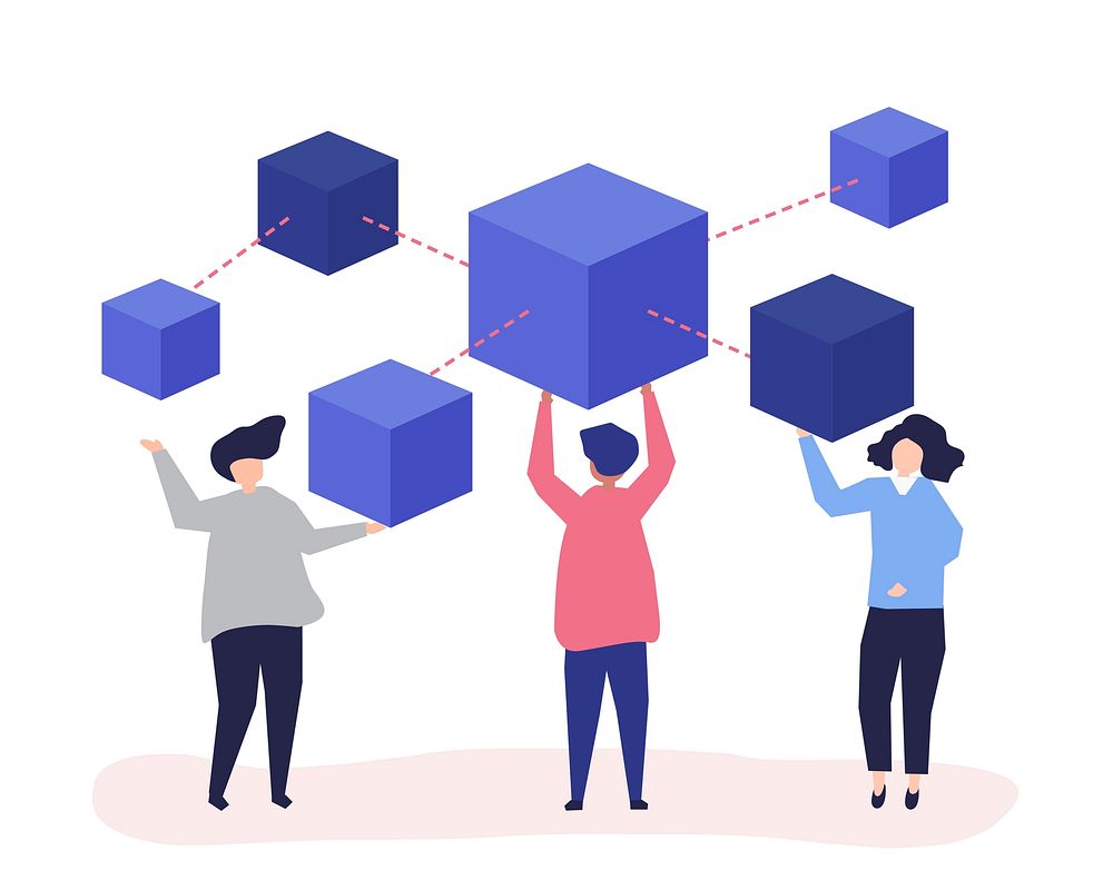 Characters of people holding a blockchain network illustration