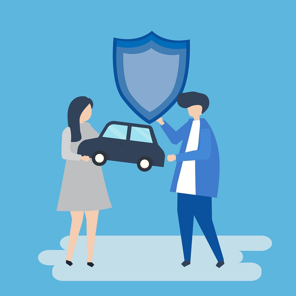 Characters of a couple holding a car and shield illustration