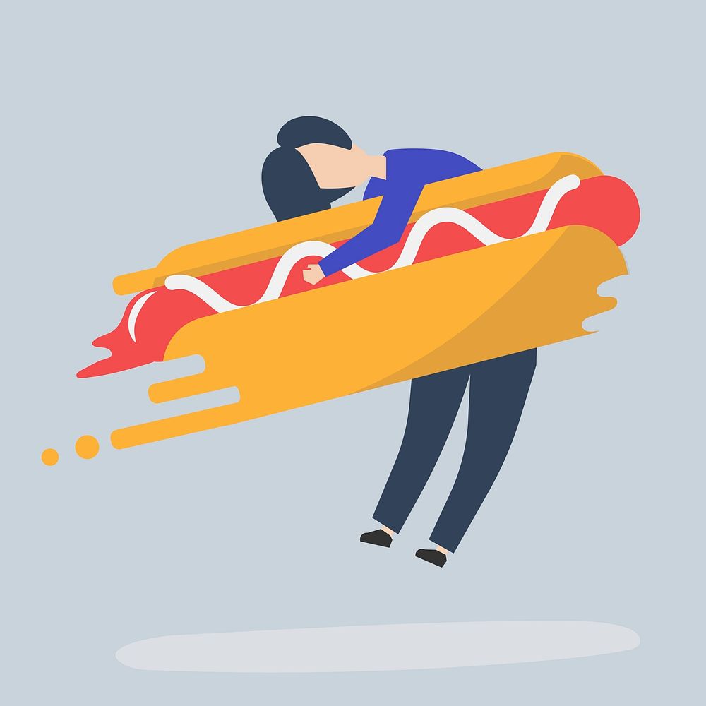 Character of a man hugging a fast food hotdog illustration