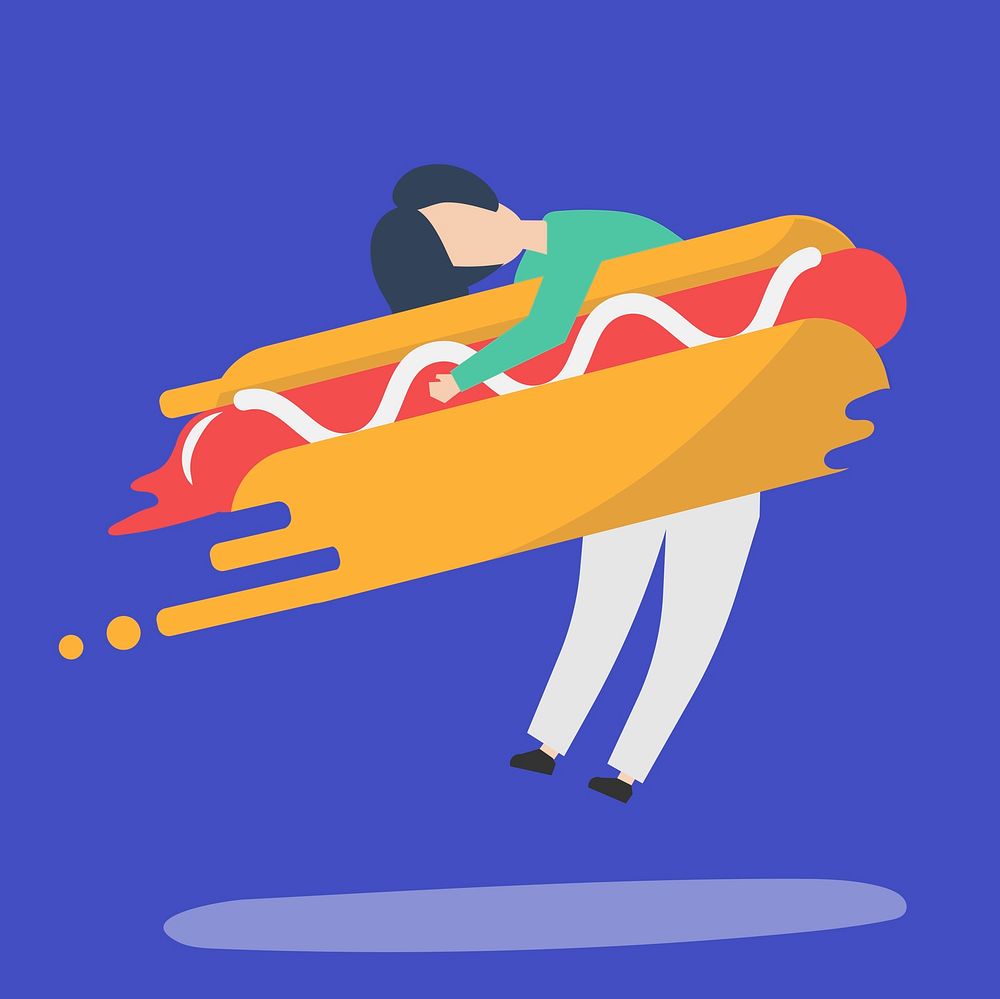 Character of a man hugging a fast food hotdog illustration