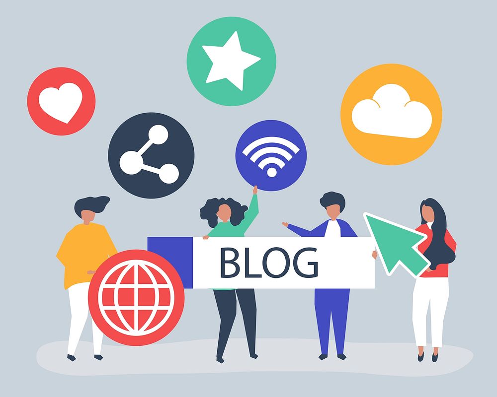 Character illustration of people holding blogging icons