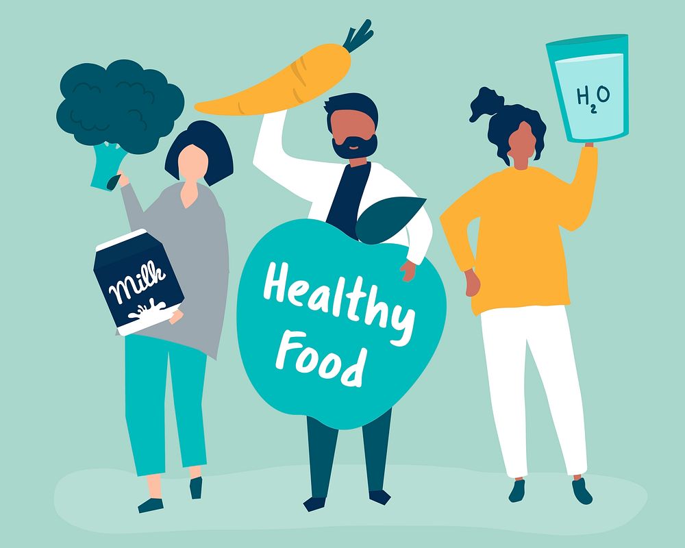 People holding healthy food icons