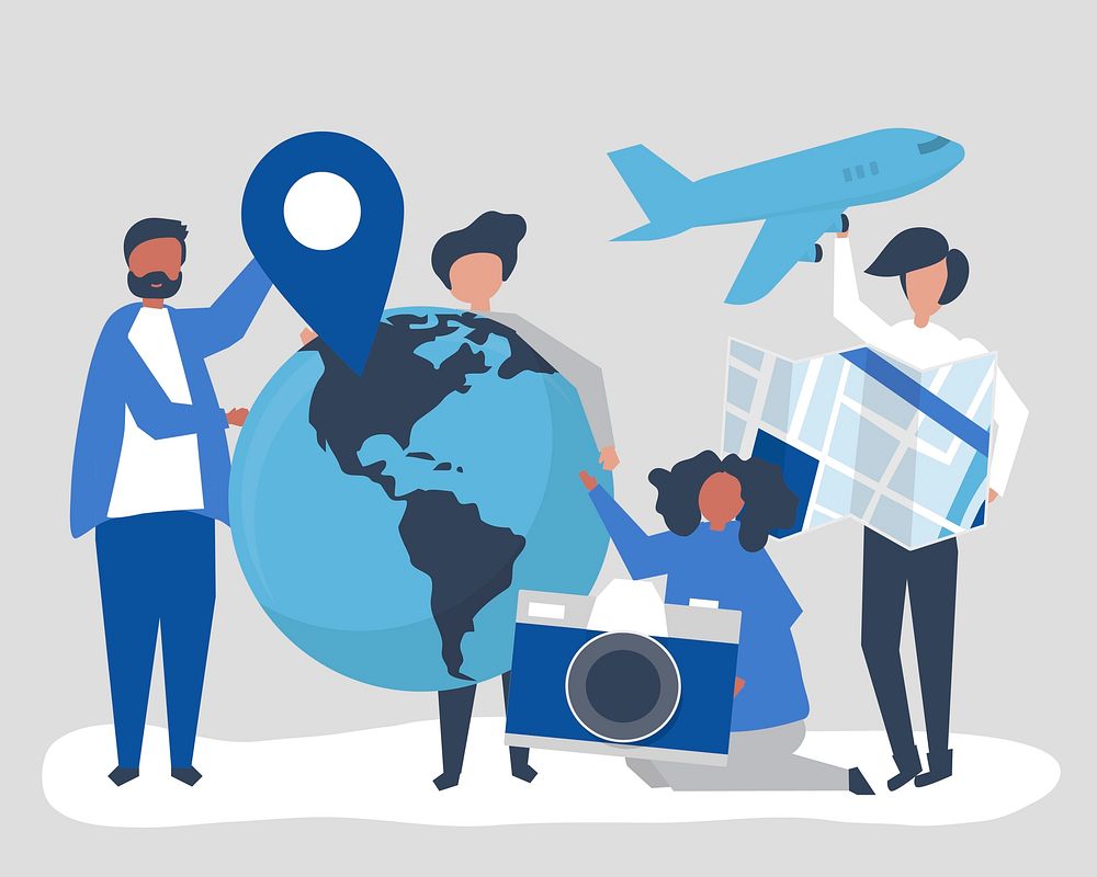 People holding travel related icons
