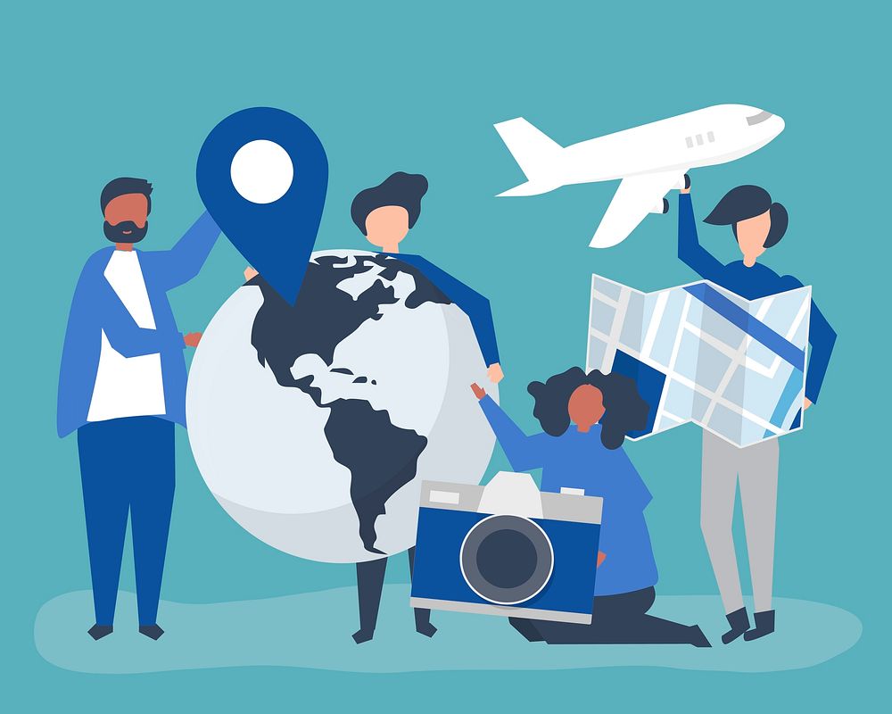 People holding travel related icons